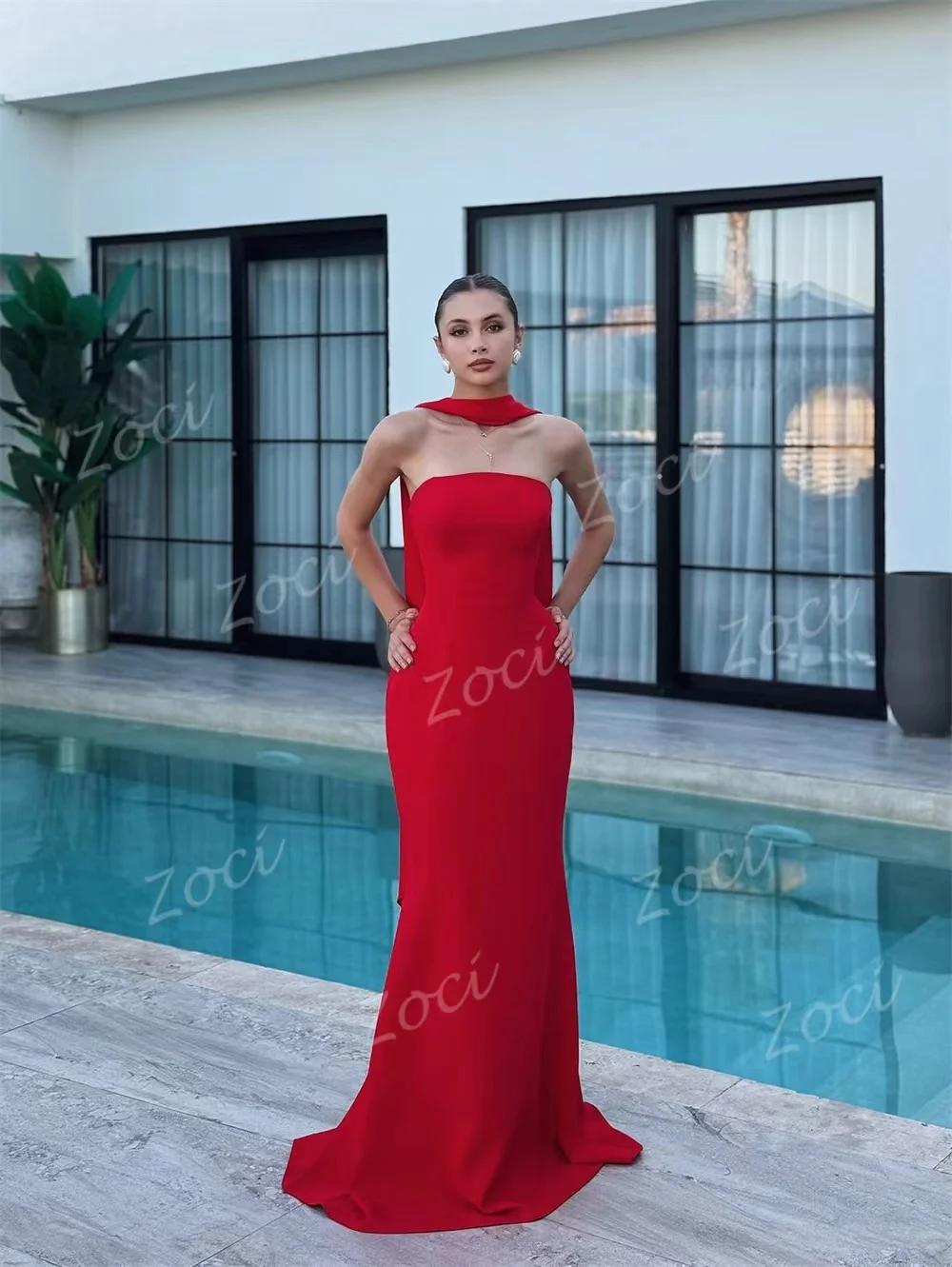 Zoci-vestidos de noche sencillos de sirena roja, vestidos de fiesta formales sin tirantes de satén elástico personalizados para mujer, vestido de dama de honor