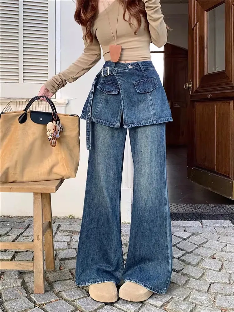 

Vintage Blue Jeans Women High Waist Loose Straight Wide Leg Denim Pants Fashion Street Style Fake Two Pieces Patchwork Trousers