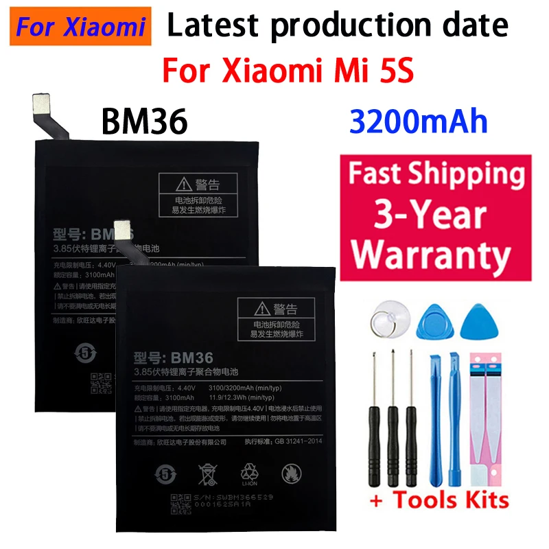 Batería de reemplazo original 100% para Xiaomi BM36 para Xiaomi Mi 5S MI5S, batería de teléfono auténtica nueva 3200mAh + envío rápido