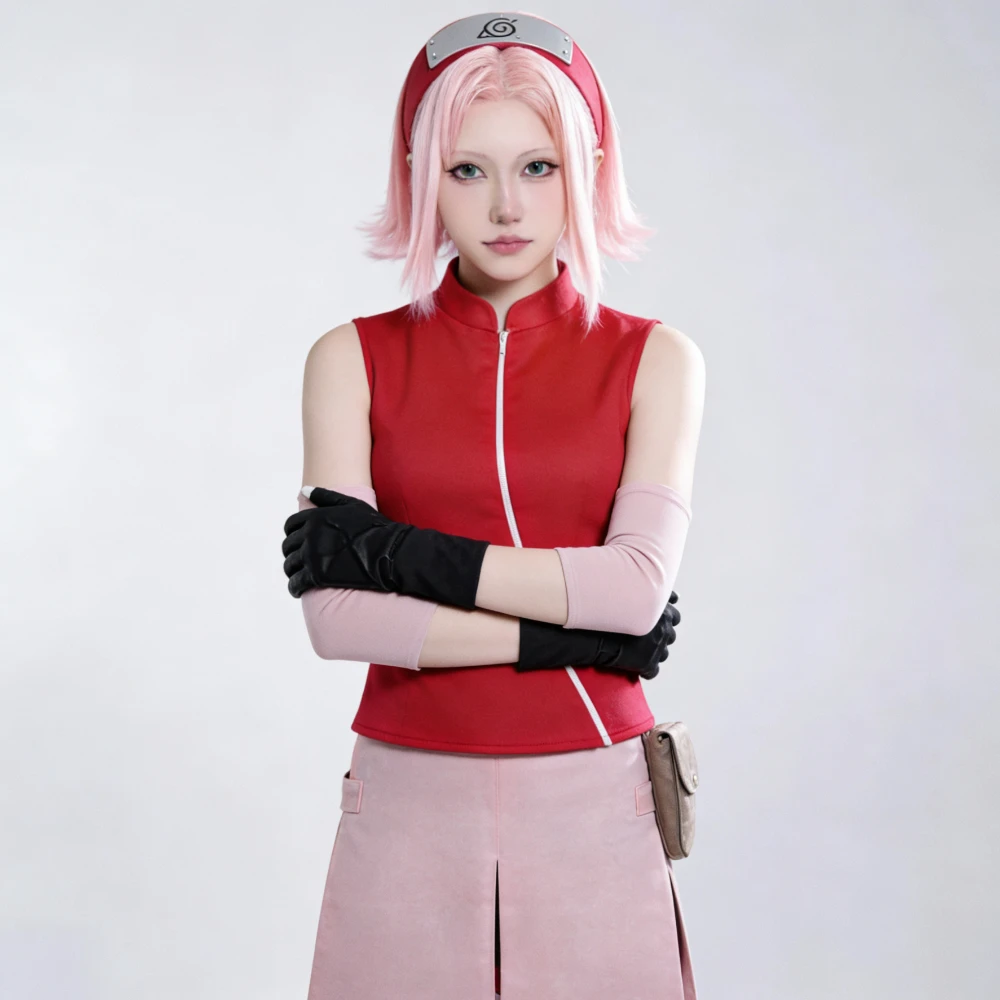Anime Haruno Sakura Cosplay Costume Top Skirt Shorts Pouch Cos Convention Halloween  Christmas Party Women Girl Fullset