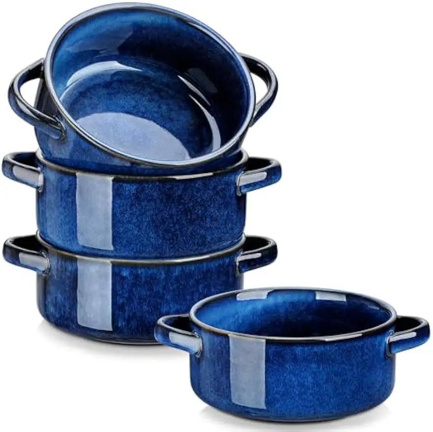 

Starry Blue Soup Bowls with Handles, 30 Oz Oven-Safe Set of 4 for Cereal, Pasta, Stew