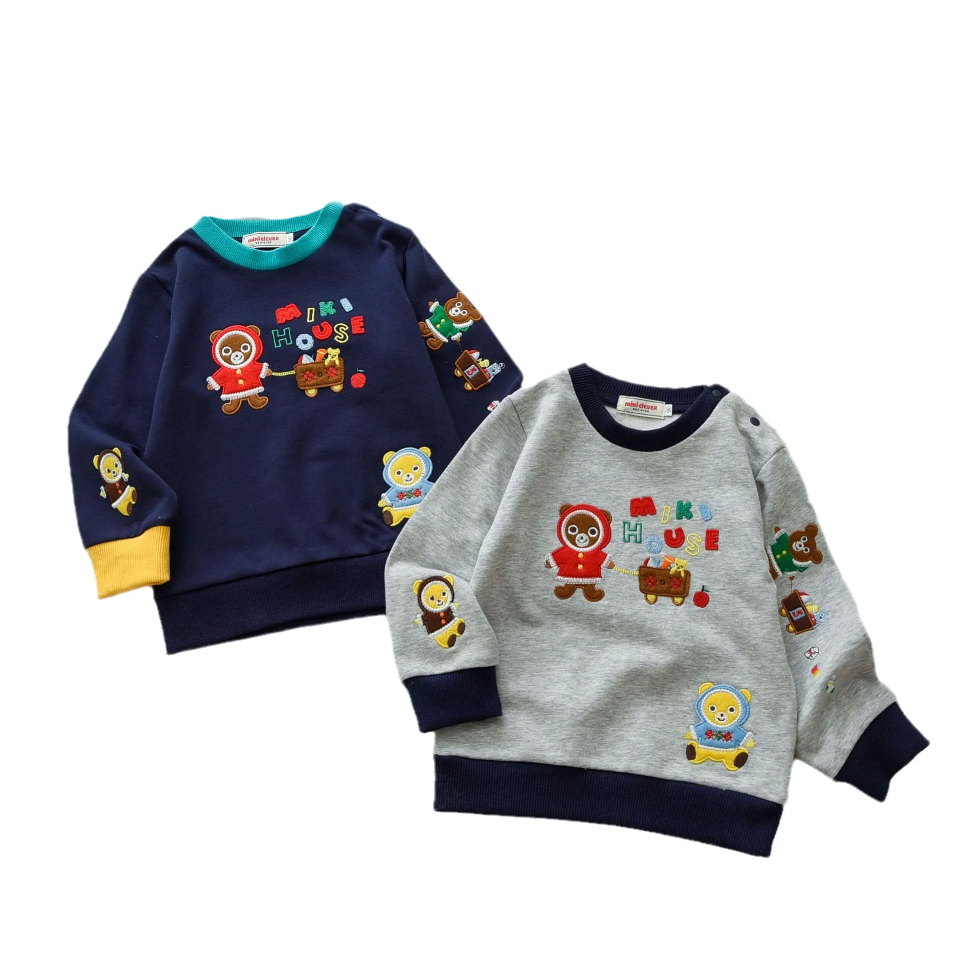 

2025 Autumn New Cotton Hooded Refreshing And Cute Cartoon Bear Shopping Cart For Children Round Neck Long Sleeved Top