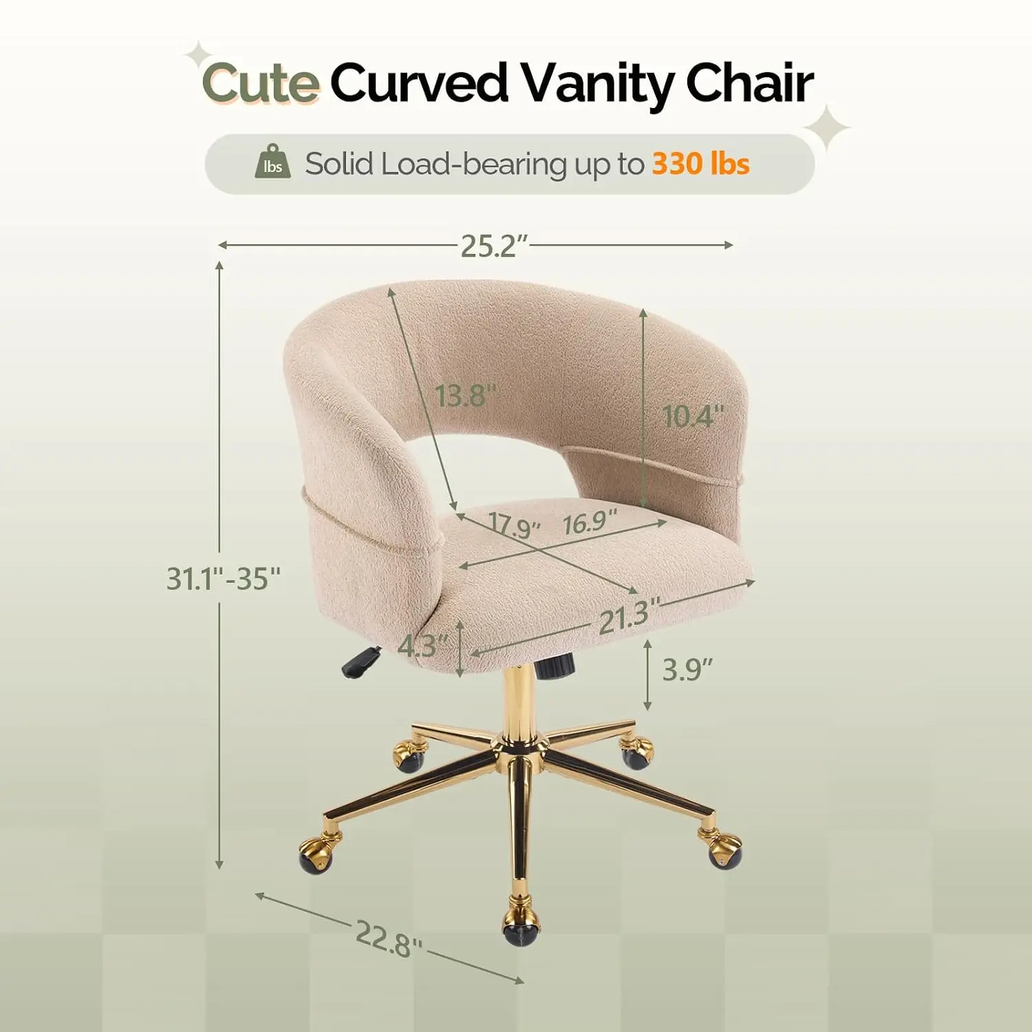 Curved Vanity Chair 360° Swivel Wheels Tilting Gold Base Bedroom Living Room Makeup Velvet Chenille, Customized