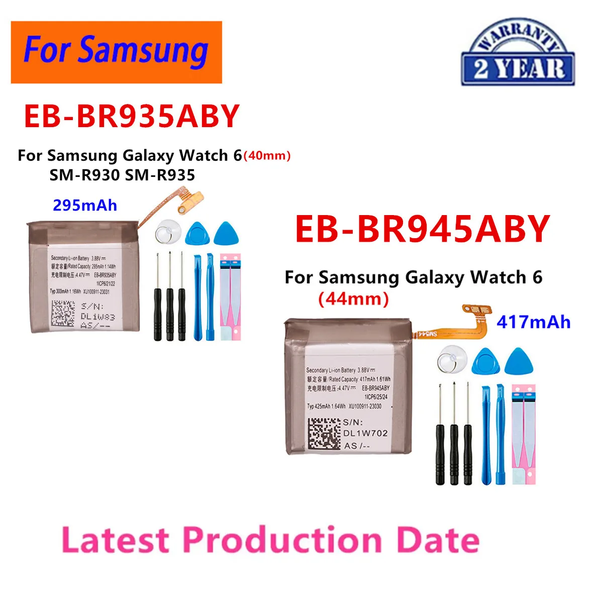 

Brand New EB-BR935ABY EB-BR945ABY For Samsung Galaxy Watch 6 40MM SM-R930 SM-R935 Watch 6 44MM Smart Watch Batteries+Tools