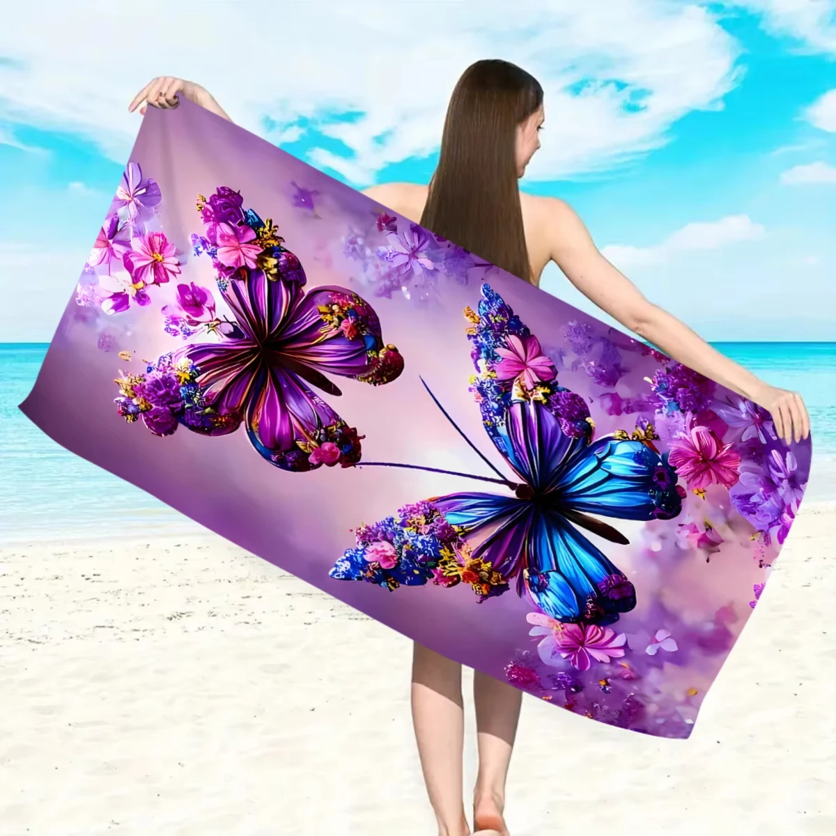 Strandtuch mit lila Schmetterlingsdruck, ultrafeine Fasern, schnell trocknend, wasserabsorbierend, für Strand, Schwimmbad, Blumen-Schmetterlings-Badetuch