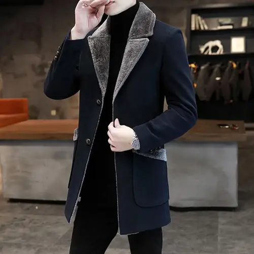 Imagen 2 del producto Chaqueta de negocios para hombre, abrigo de longitud media con cuello de felpa de un solo pecho, abrigo de lana para otoño e invierno, gabardina cortavientos para hombre