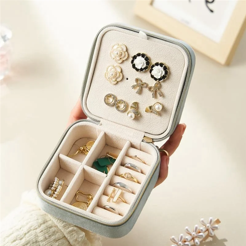 ABLU-caja de almacenamiento de joyería de viaje de terciopelo de felpa, pendientes y anillos, estuche de joyería de viaje, organizador de joyería, caja organizadora de viaje, Dura gris