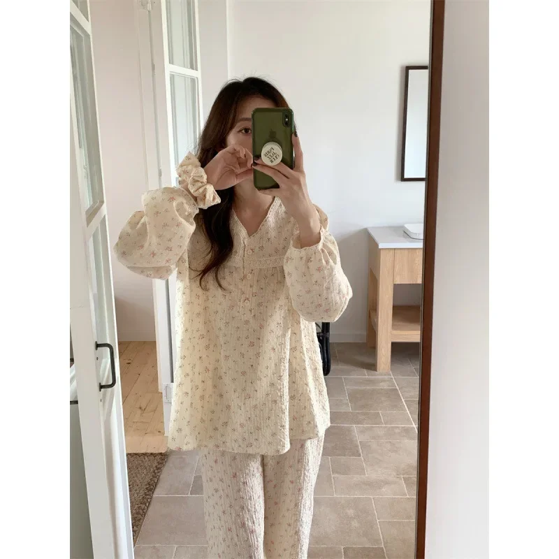 Women Summer Pajamas Set Female Sweet Long Sleeve Top Pants Countryside Style Floral Nightdress Home and Outdoor Sleepwear Set