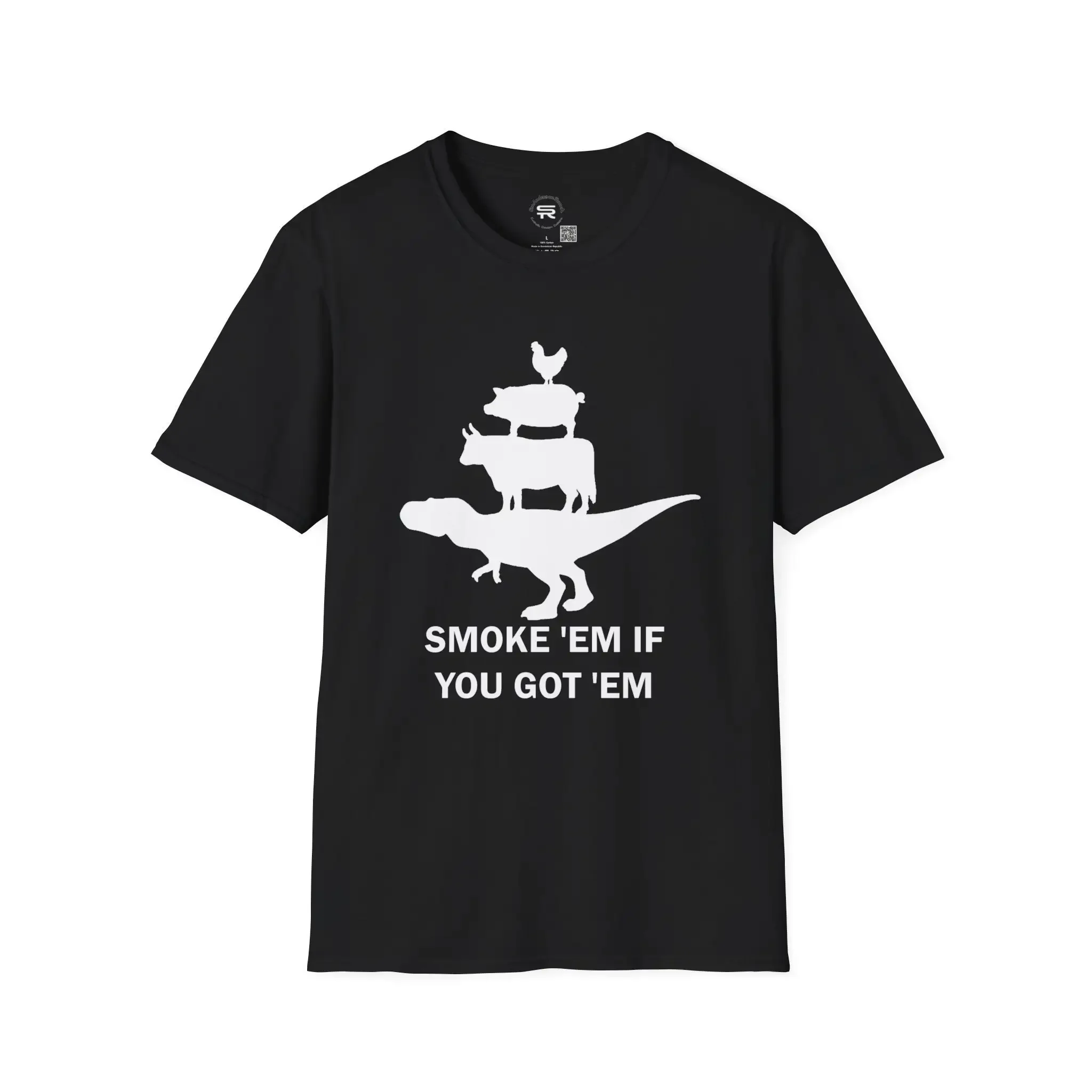 Smoke em if you got SR Softstyle T Shirt with dinosaur in the meat pyramid for BBQ fans