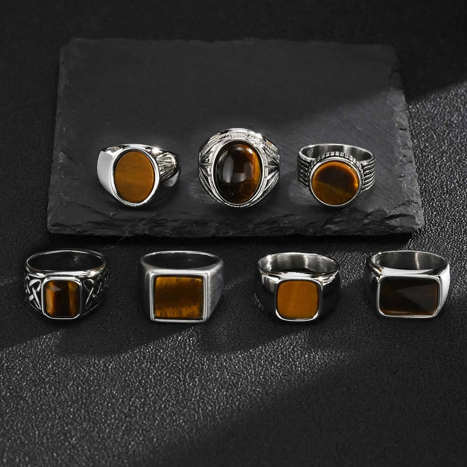 Vnox Herren-Siegelring aus Edelstahl, Fingerring mit natürlichem Tigerauge-Stein, Vintage-Statement-Schmuck, Geschenk für Freund, Vater – Detail 6