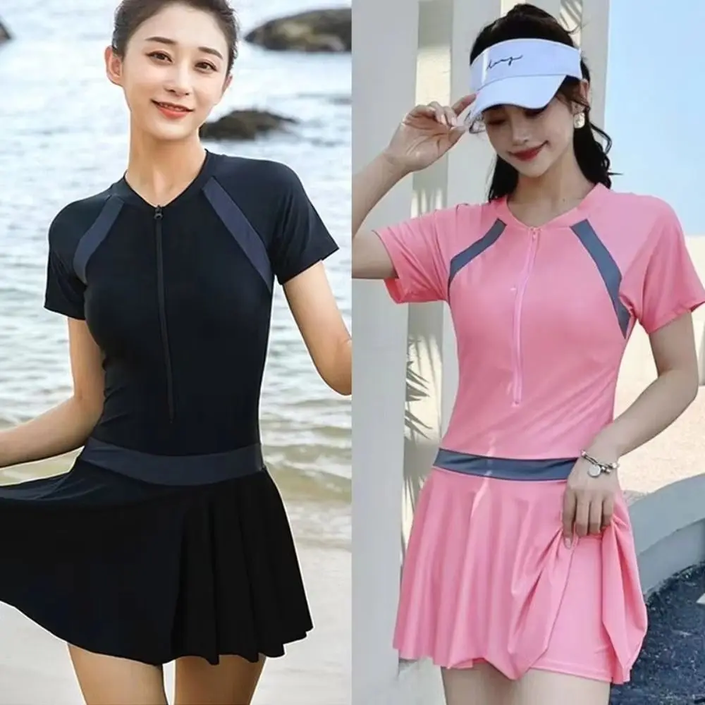 

Solid Color Long Sleeve Zipper Skirt Swimsuit with Padded Ins Hot Spring Swimwear Sun Protection Beachwear