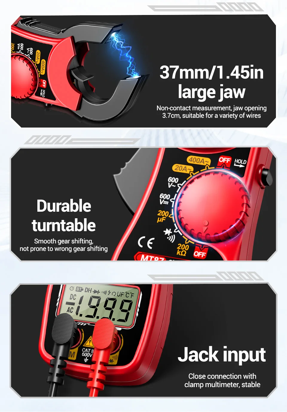 Professionelles Multimeter Stromzangenmessgerät Digitale Spannungsmessung 1,45 Zoll Große Messzange Strom NCV Ohm Hochpräziser Detektor Werkzeuge ANENG MT87 – Detail 4