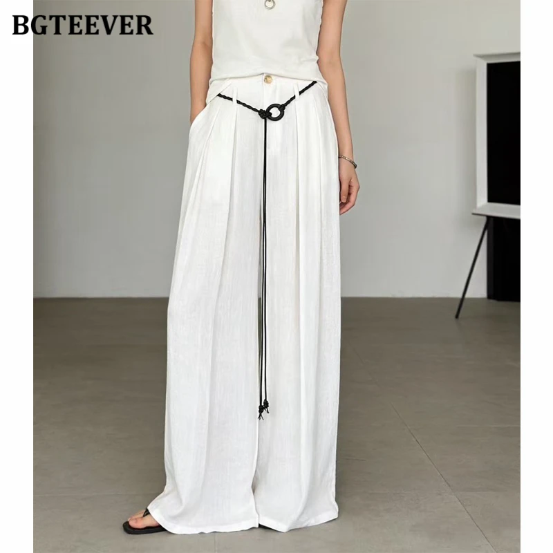 BGTEEVER Women's White Ice Silk Cotton Linen Wide-leg Pants, Summer Thin, High-waisted, Loose-fitting, Floor-length Trouser