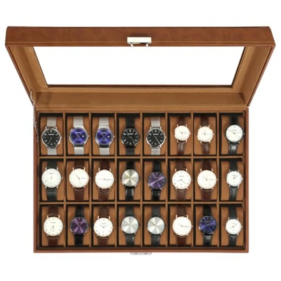 

24-Slot Watch Box PU Leather Watch Case with Glass Lid Watch Holder Organizer with Soft Pillow and Velvet Lining Watch and Jewe