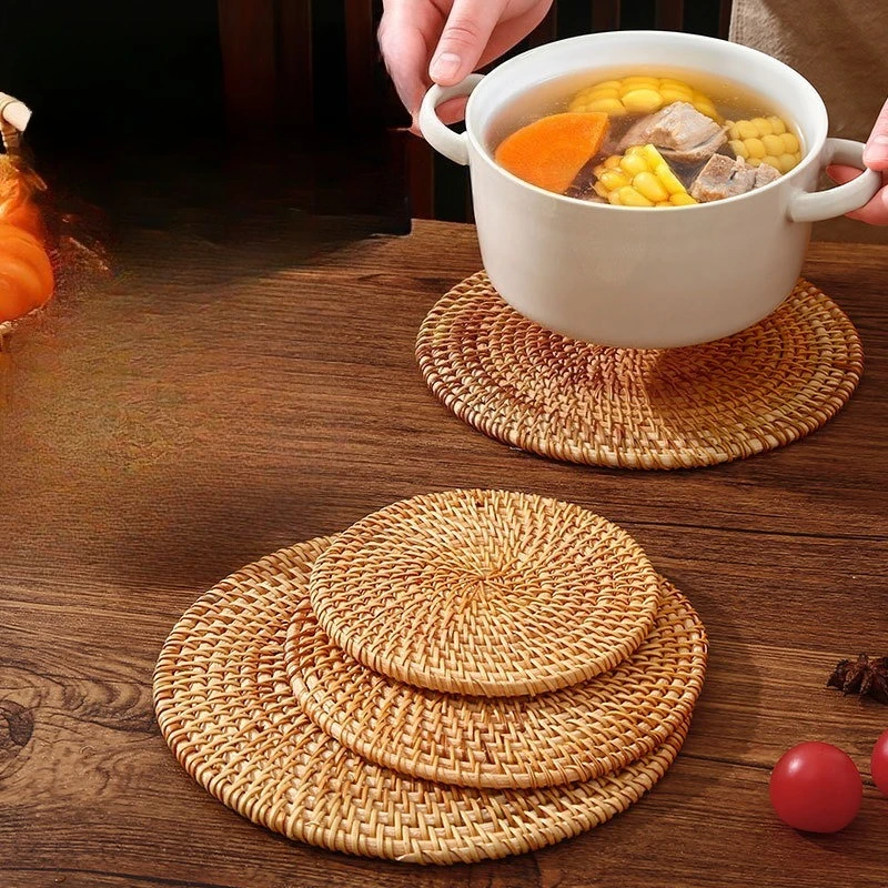 Tassenunterlage, rund, natürliches Rattan, heißes Pad, handgewebte Tischsets mit heißer Isolierung, Tischpolsterung, Küchendekorationszubehör