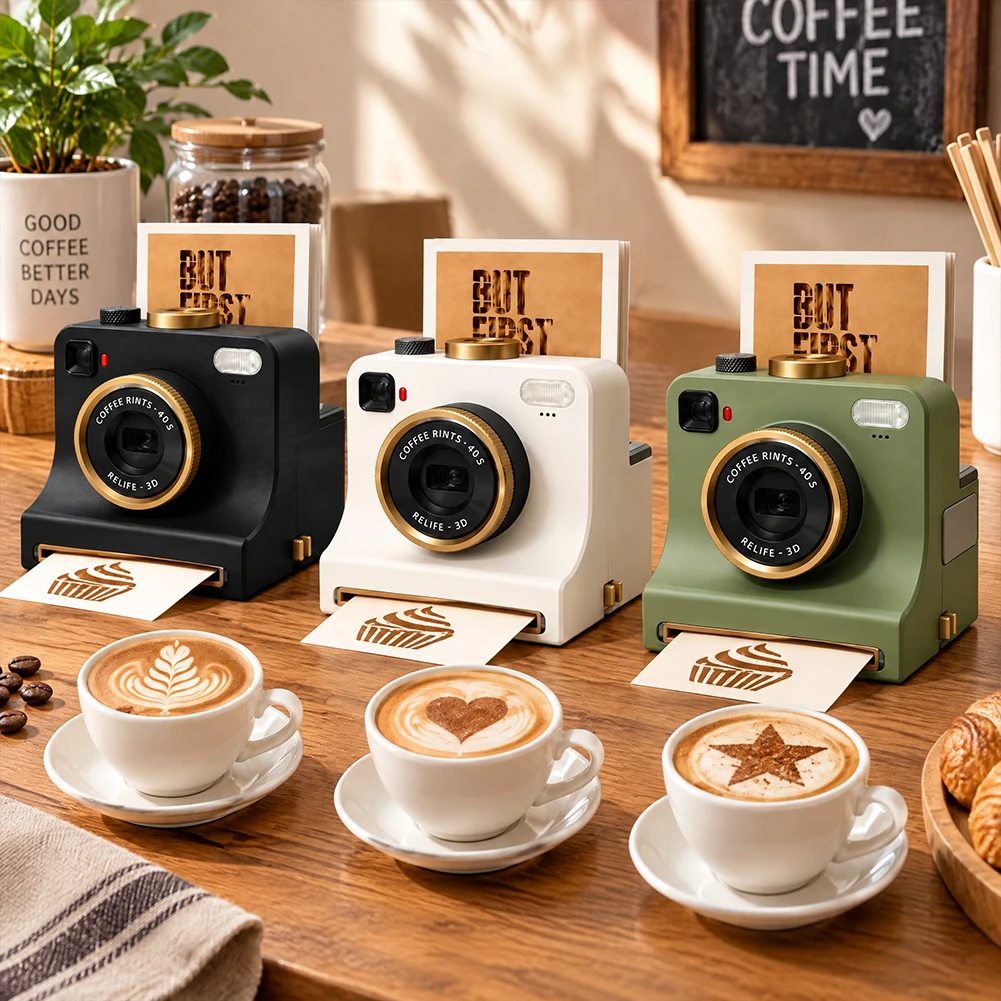 Funny 3D Printed Latte Camera Replaceable Cards One Touch Press DIY Latte Art Camera Tool Vintage Look Included Stencils