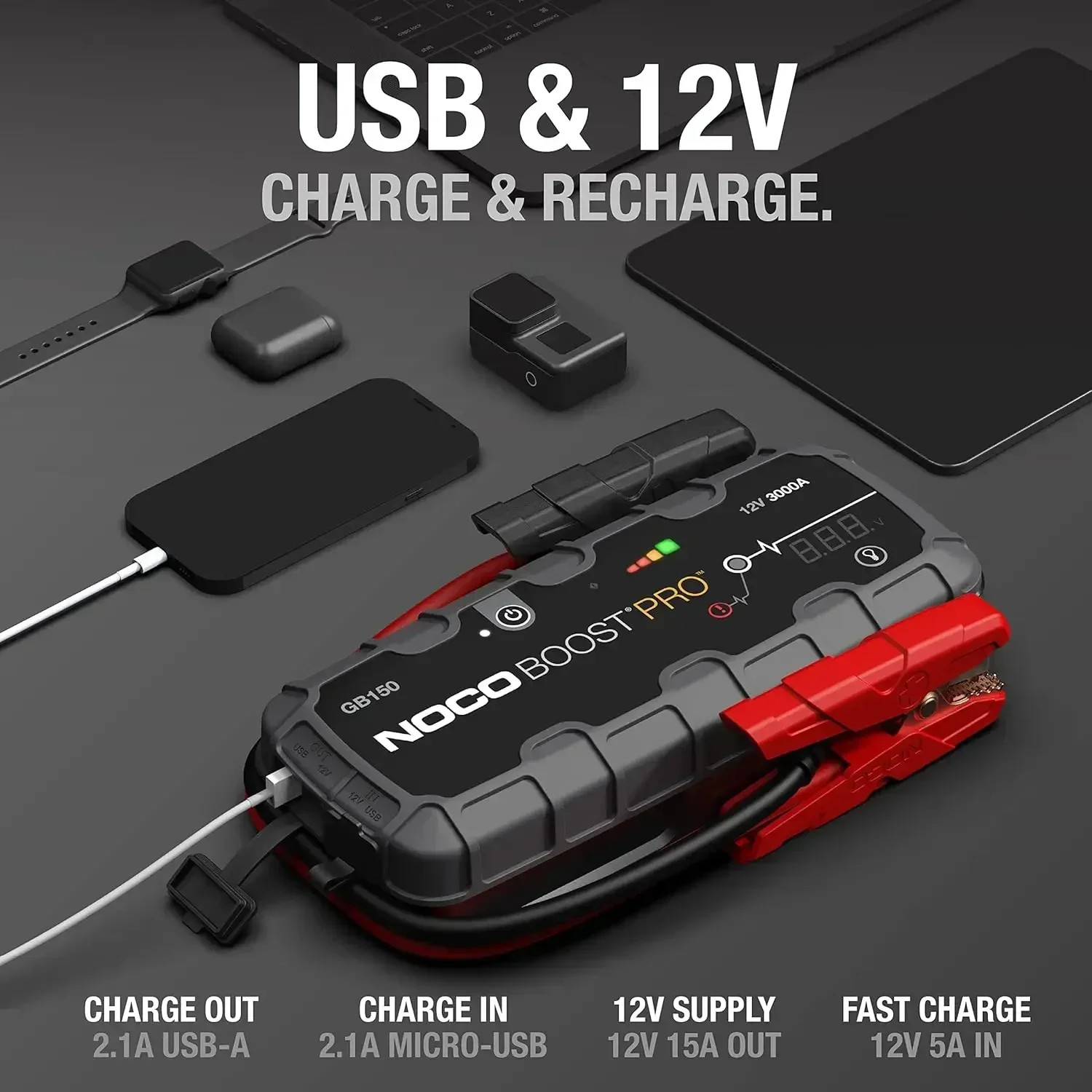 3000A UltraSafe Car Battery Jump Starter, 12V Battery Pack, Battery Booster, Cables for 9.0L Gasoline & 7.0L Diesel Engines