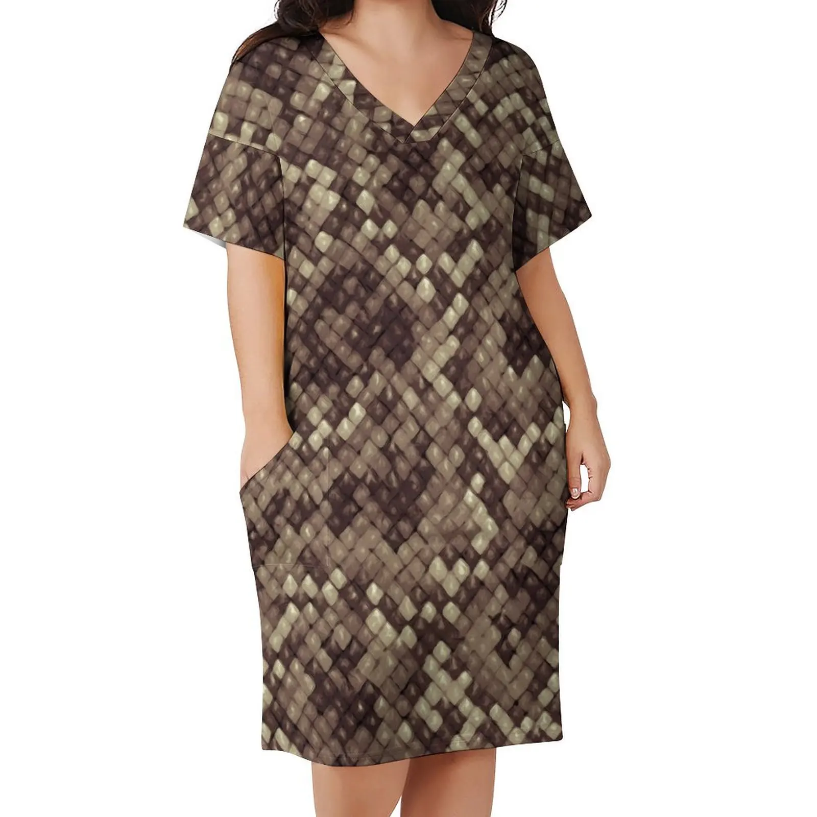 

Snakeskin Python Dress V Neck Animal Print Stylish Dresses Women Aesthetic Pattern Casual Dress With Pockets Big Size 4XL 5XL