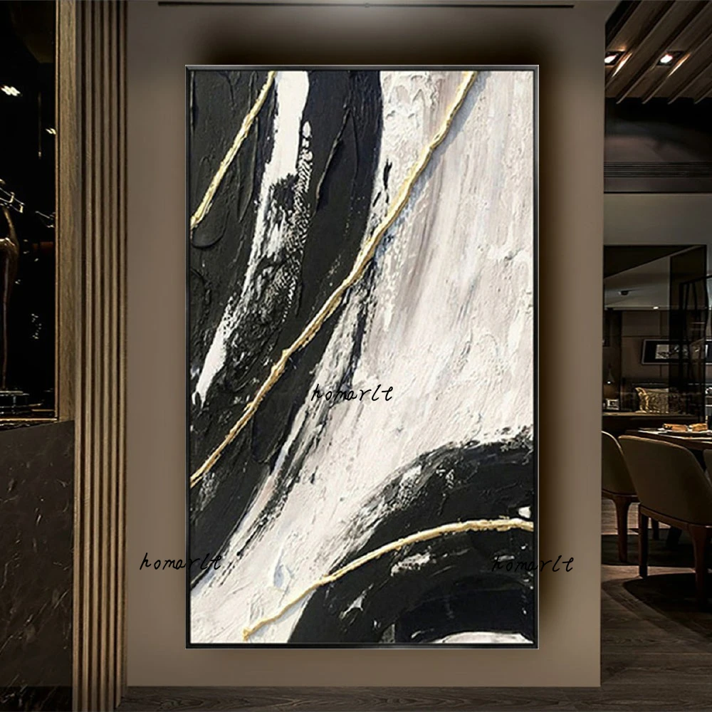 

Black And White Texture Gold Line Canvas Picture Wall Art Hand-Painted Abstract Modern Oil Paintings Decor Living Room Home Gift