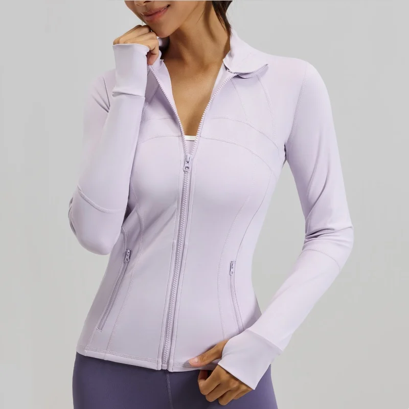 Top da yoga da donna con cerniera intera da palestra con fori per i pollici Giacca da corsa fitness Vestibilità elasticizzata Manica lunga Girocollo Top Abbigliamento sportivo