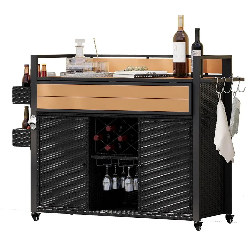 

52.8 Wicker Outdoor Grill Cart with Plastic Wood Table, Rolling Kitchen Island, Storage Cabinet, Patio Backyard Poolside, Black