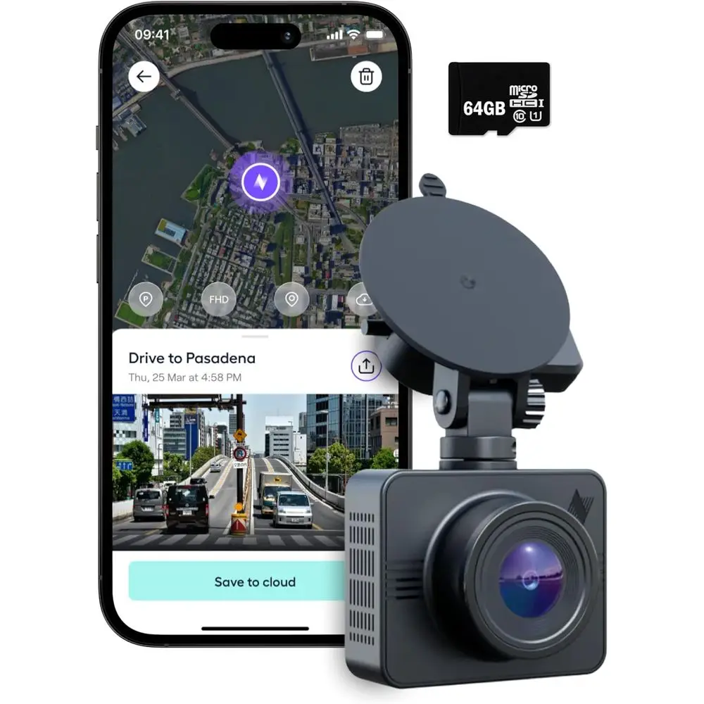 1-Year GPS Camera Subscription with Cloud Storage, Parking Mode, Night Vision, and Front Cam (64GB SD)