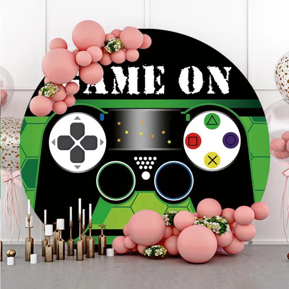 Game On Round Backdrop Cover Level Up Game Console Boys Birthday Party Circle Photography Background Decor Photo Studio Props