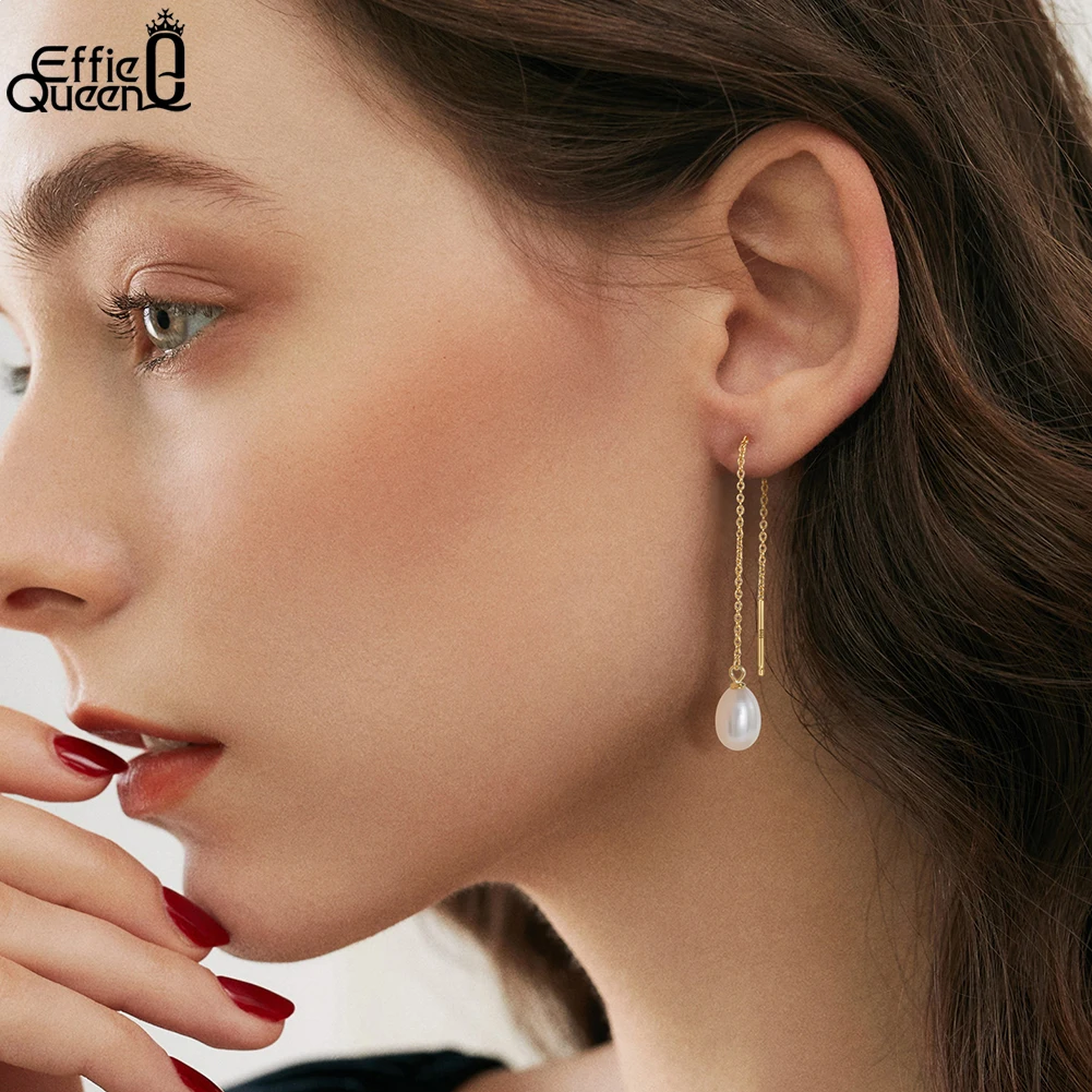

Effie Queen Elegance 925 Silver Freshwater Pearl Tassel Chain Earrings Minimalist Vintage Pearl Drop Earring Fine Jewelry GPE75