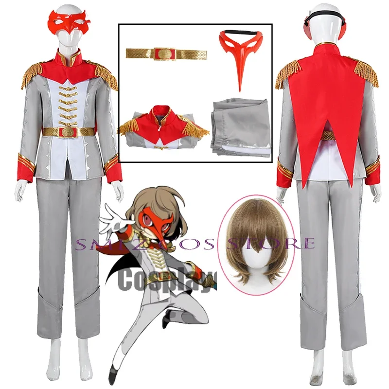 Anime P5 Crow Akechi Goro Cosplay Phantom Thieves of Hearts Goro Akechi Prince Ver Uniform Mask Halloween Party Outfit for Men