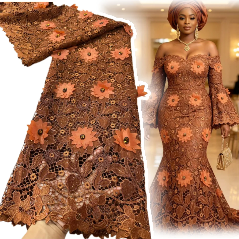 3D Embroidered Guipure Cupion Lace Skin Friendly Cord Fabric Middle East Wedding Formal Mermaid Lady Gown with Appliques 3350