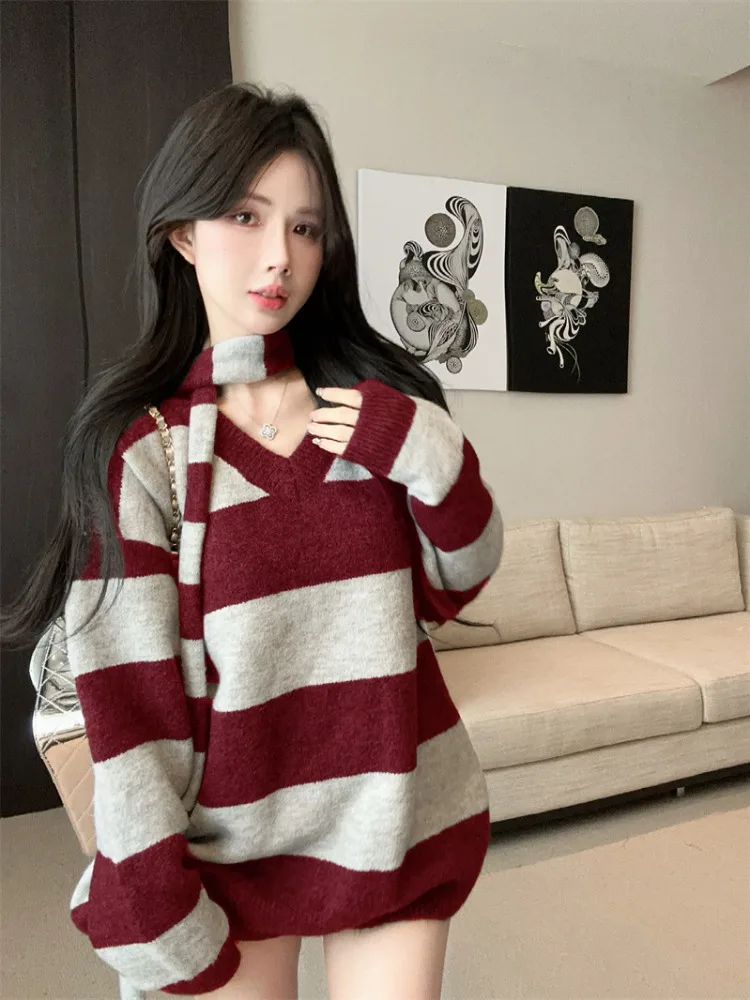 

Thickened Long Sleeve Sweater Women's Loose Lazy Style College Campus Color Block Stripes Knitted Top for Autumn Winter