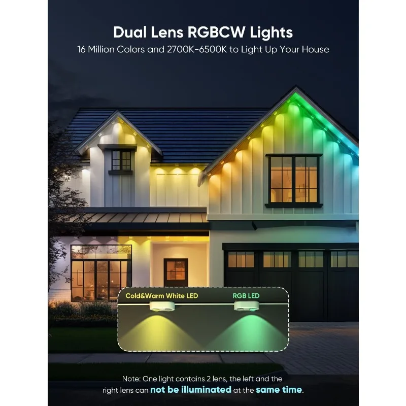 home.Permanent Outdoor Lights Pro 200ft، مصابيح RGBCW الذكية مع 144 مصباح LED، عدسة مزدوجة، قابلة للقطع، 111 وضعًا للمشهد، IP6