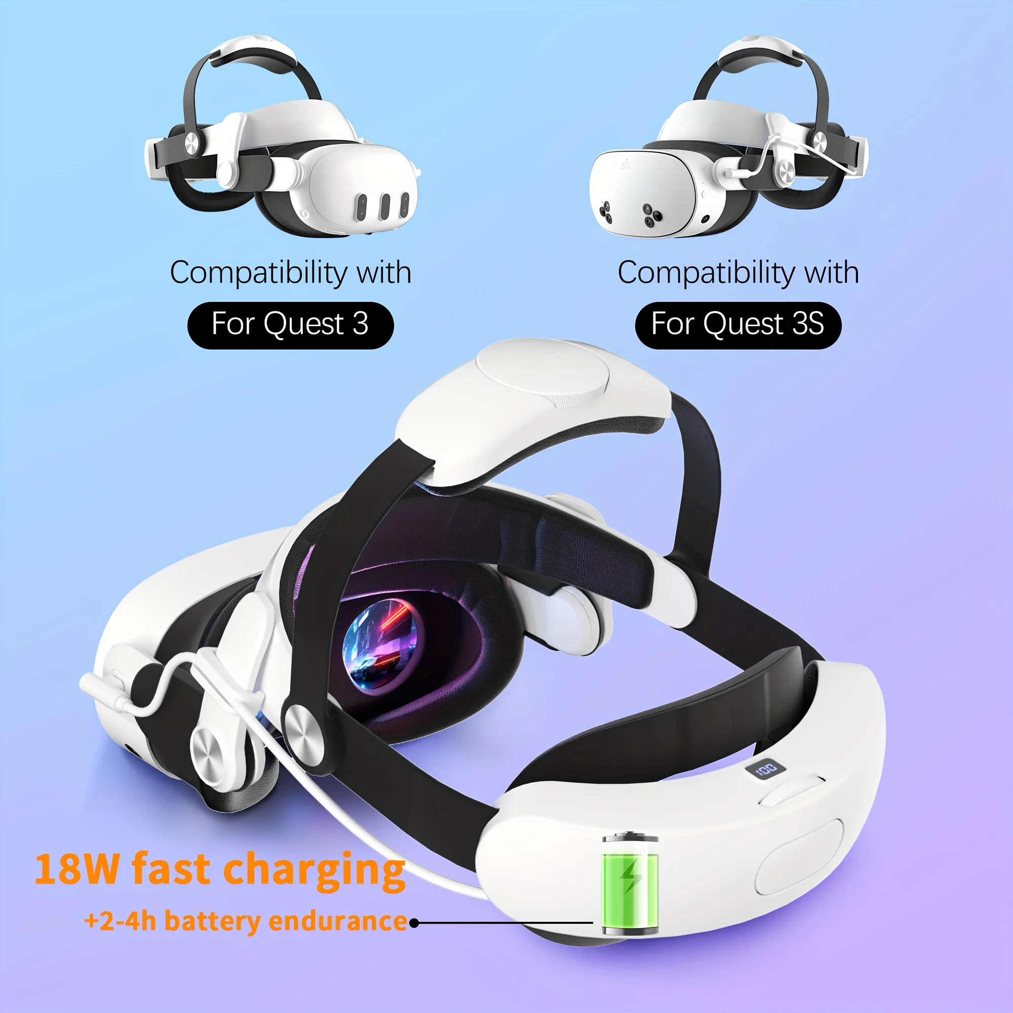 Wolmtt Elite調整可能な18W急速充電ヘッドバンド（Meta Quest 3/3s用）-人間工学に基づいたABS素材、圧力を軽減、ホワイト/ブラック