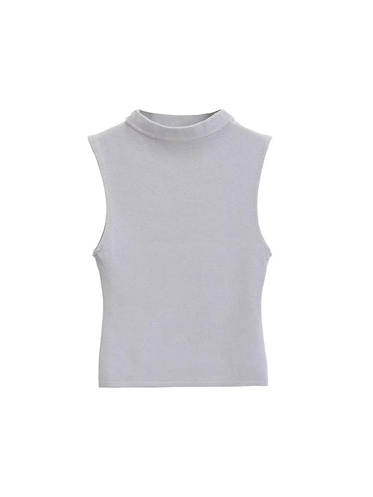 TRAF Spring Summer Fashion Women Half High Collar Sleeveless Top Casual Slim Solid Blouses