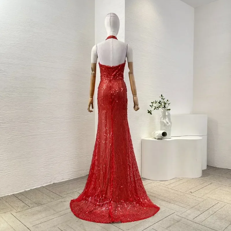 Women's Maxi Dresses 2025 Red Sequins Pressed Slit Hem Flowers Appliqued Lace High Quality Deep V Neck for Party