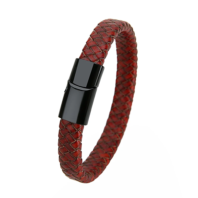 Mibrow Geflochtenes Schwarzes Leder Herrenarmband 10x5 12x6mm Größe Mode Metall Magnetverschluss Wickelarmbänder Punk Charm Herrenschmuck