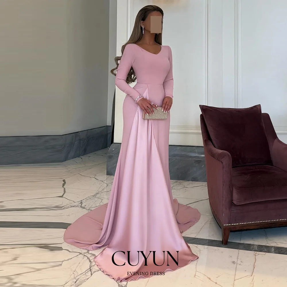 

CUYUN Pink Modest Evening Dresses 2025 V-Neck Long Sleeves Court Train Women Formal Event Dress Customized Prom Party Gown