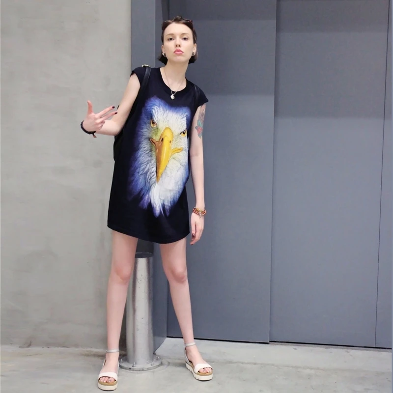 女性のミッドレングス半袖 Tシャツ イーグルプリント ピュアコットン ルーズフィット 夏 ファッション ストリートスタイル ラウンドネック トップ 1