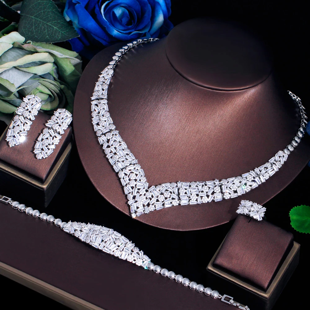 

ThreeGraces 4pcs Brilliant Cubic Zirconia Luxurious Bridal Wedding Statement Jewelry Set for Women Party Dress Accessories TZ870