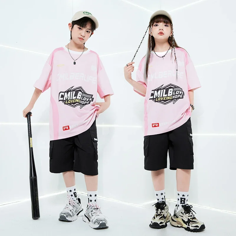 

Розовая футболка Hipo Hop для мальчиков, черные шорты-карго для уличных танцев, уличная одежда для девочек, детская летняя одежда для бальных танцев, детские джазовые костюмы