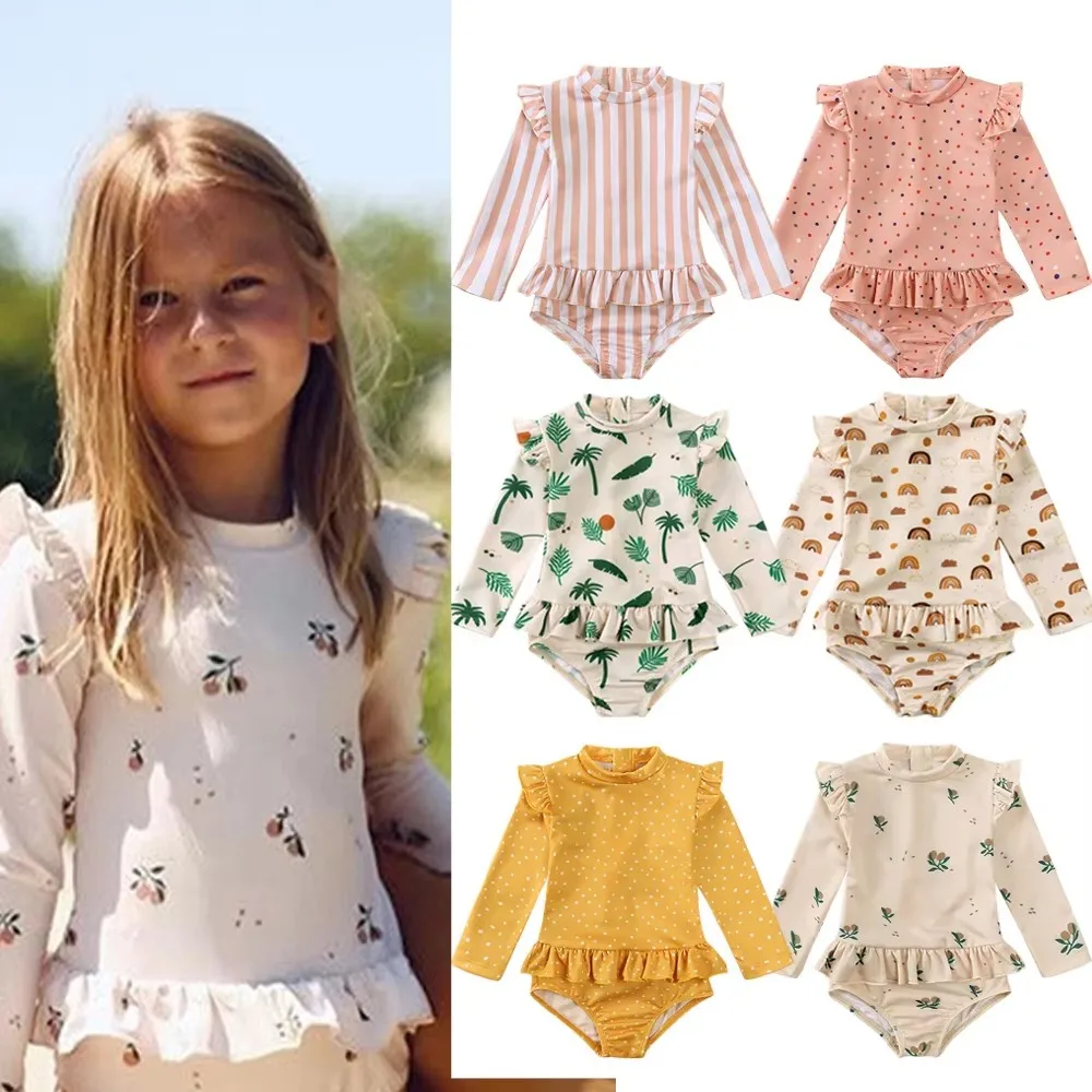 Ins Style Girls One-Piece Swimwear Beach Surf Bathing Suit Baby Toddler Child Kids 1-8Y Long Sleeve Ruffles Floral Dot With Cap