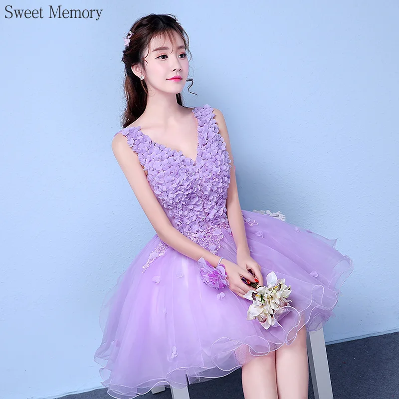 Reject Return J149 Lilac Purple Grey V-Neck Prom Dresses Short Bridesmaid Dress Sweet Memory Performance Robe Evening Ball Gown