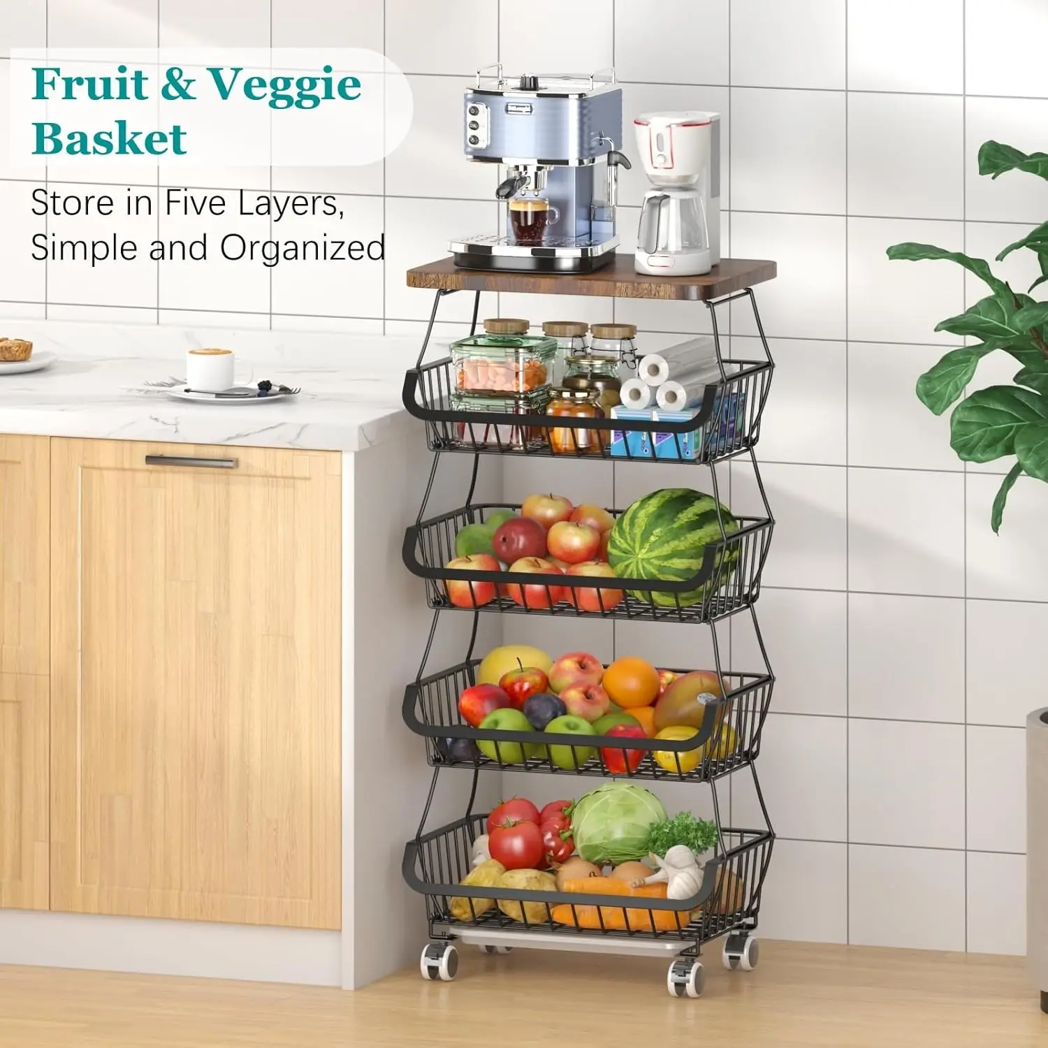 Fruit Basket with Wooden Lid for Kitchen, 5-Tier Stackable Wire Fruit Vegetable Storage Basket Organizer Stand on Wheel