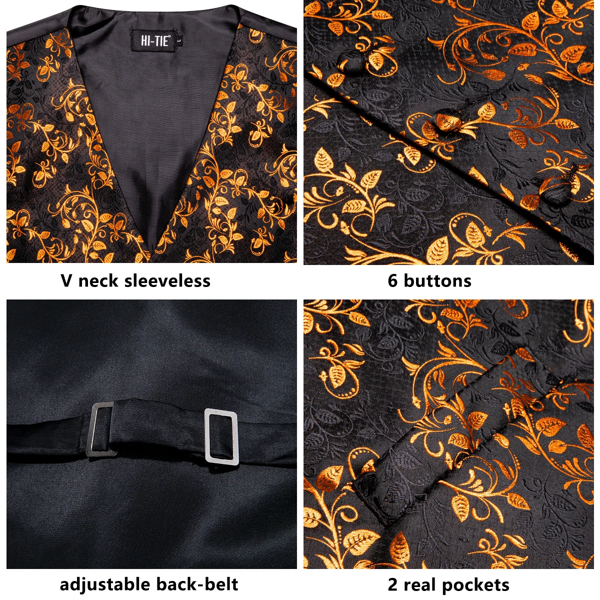 Coletes de seda de alta gravata masculinos, jaqueta sem mangas, jacquard, preto, colete floral laranja, conjunto de abotoaduras, casual, XXL