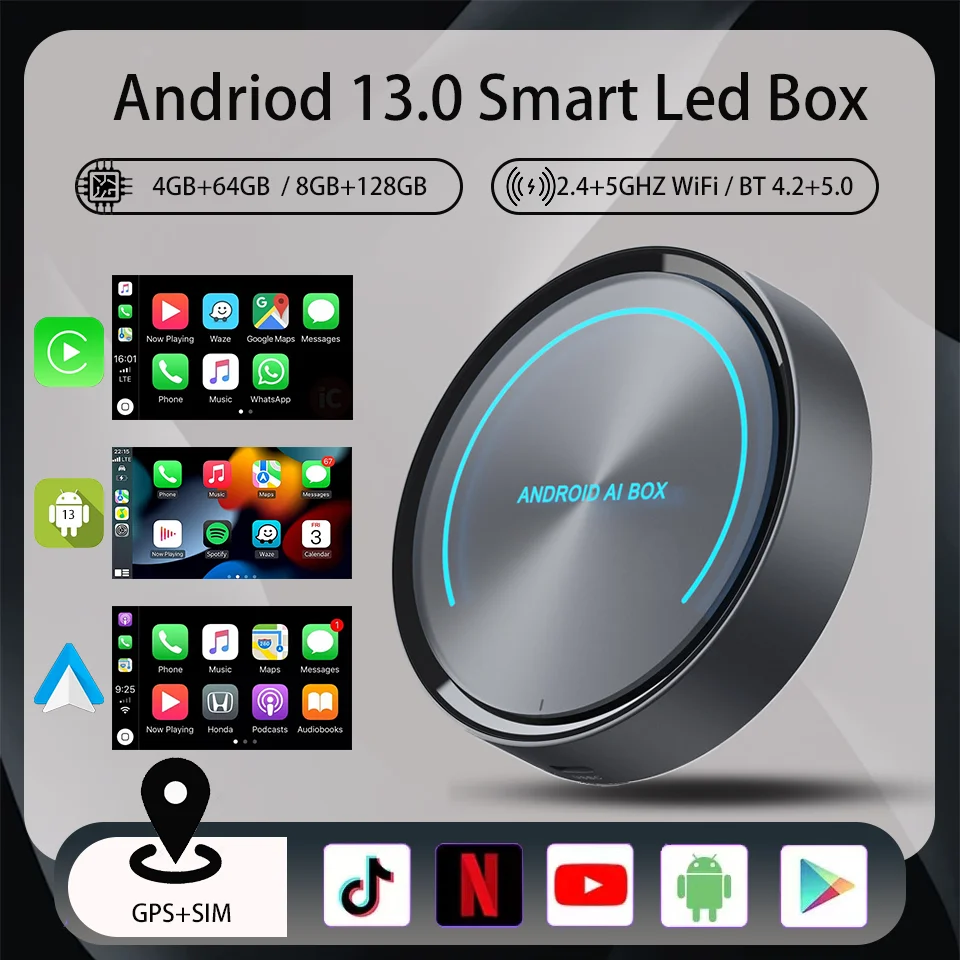 NEW Android13 Android Auto Wireless CarPlay AI TV Box 8 Core +128GB Built-in Netflix YouTube Play Store 4G SIM GPS Hotspot