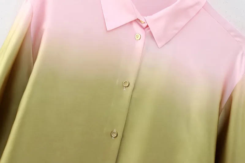 

Faionable Loose Long Sve Tie Dye Print Women's irt Spring New Sle Commute Pure Color Collar Button Detail