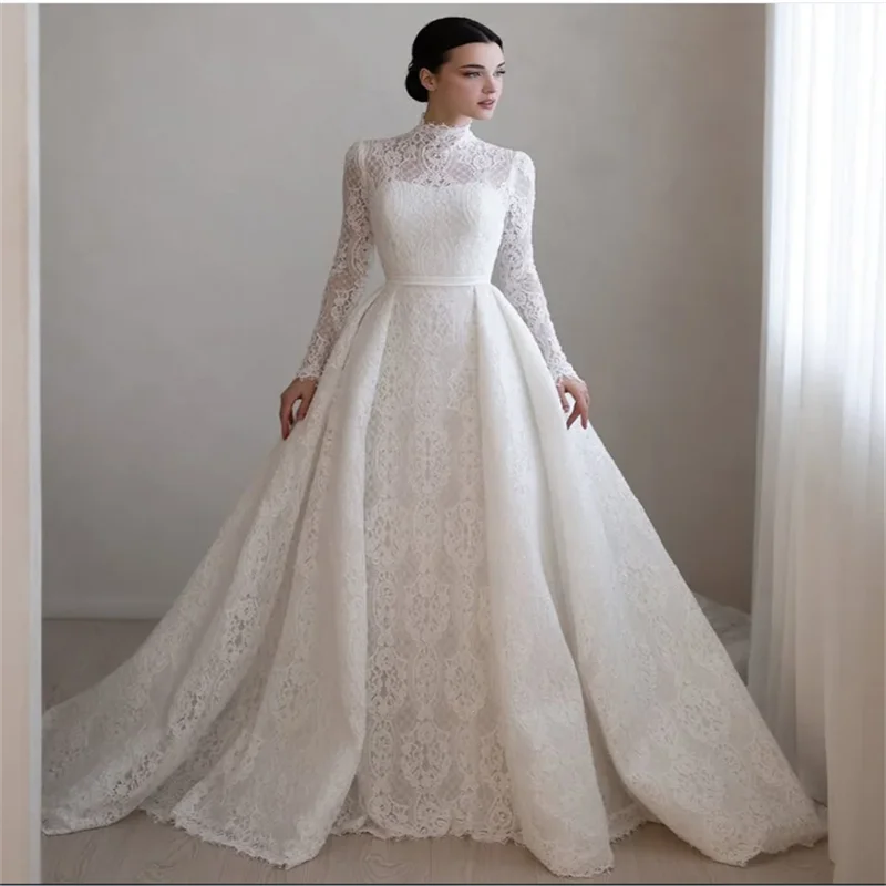 

Saudi White Wedding Dress High Neck Customized Full Sleeves Court Train Vestido De Noiva Arabian Lace Bridal Gown A Line Design