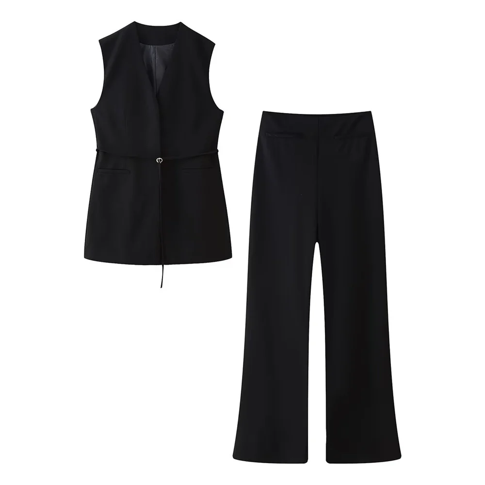 PB&ZA 2024 autumn new women\'s fashion solid color split design with belt vest straight long pants suit