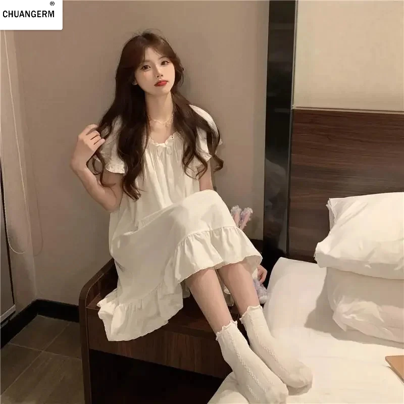 CHUANGERM Women's New White Mid Length Nightgown Summer Sexy Sleepwear Night Dress Home Clothes Pajamas For Sleeping