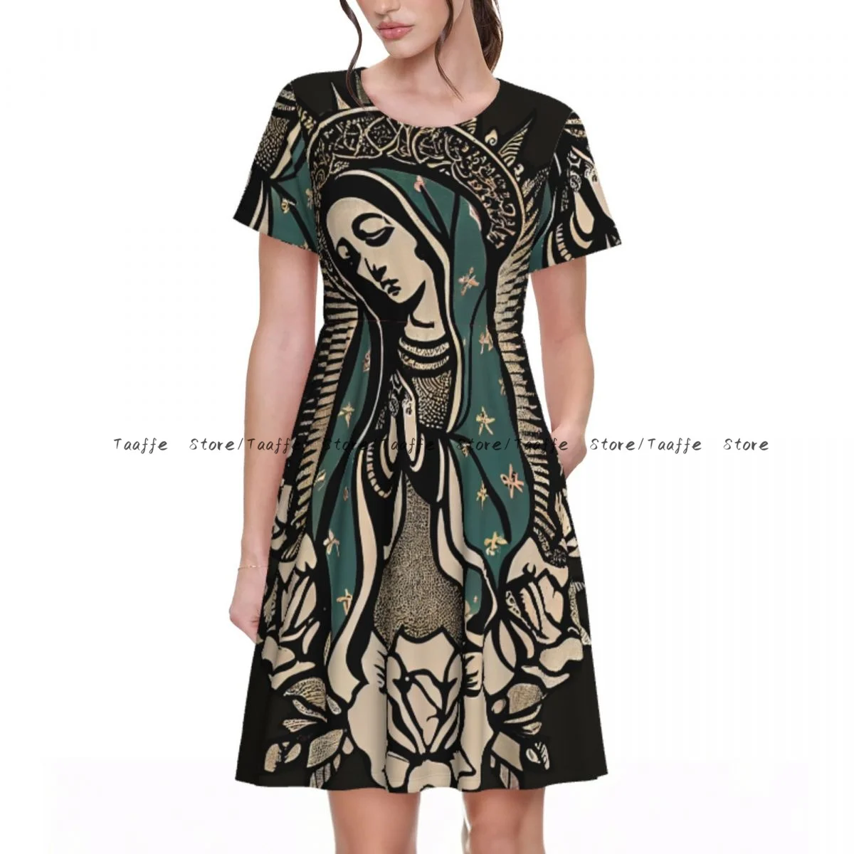 

Summer Women Dress Lady Of Guadalupe Casual Beach Holiday Short Sleeve Round Collar Woman Midi Dress